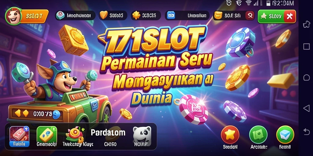 Tampilan permainan 171SLOT dengan gulungan berwarna-warni dan simbol menarik.