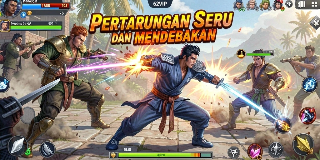 Screenshot utama menunjukkan aksi pertarungan seru di 62VIP.