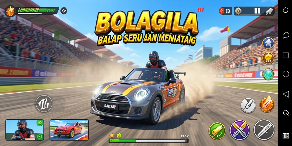 Screenshot gameplay BOLAGILA menampilkan aksi balap yang mendebarkan.