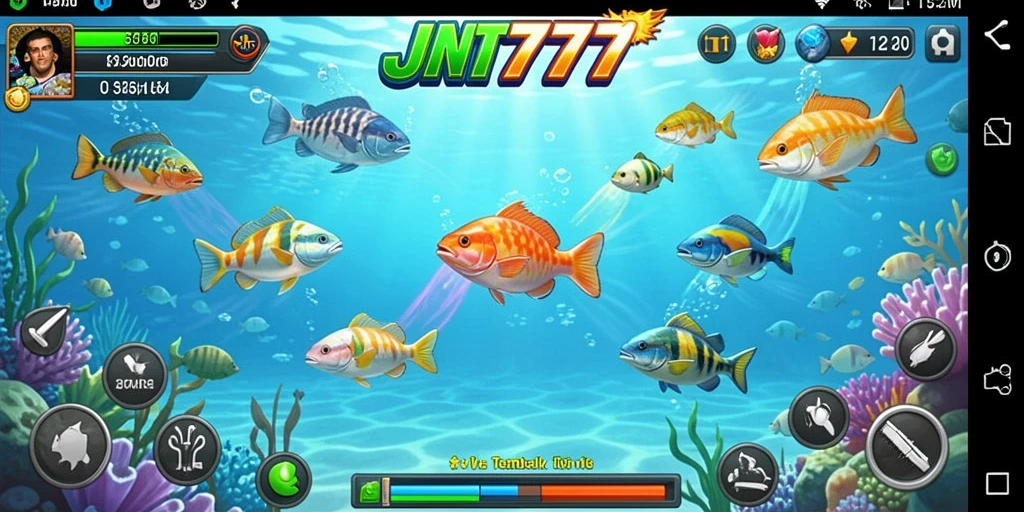 Tampilan gameplay seru JNT777 dengan ikan berwarna-warni.