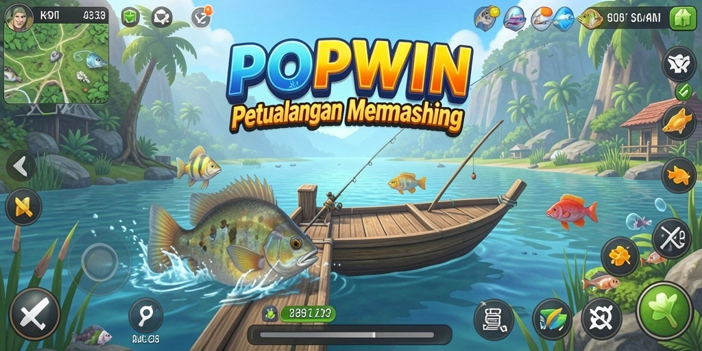 Screenshot gameplay POPWIN menunjukkan aksi seru saat memancing berbagai ikan.