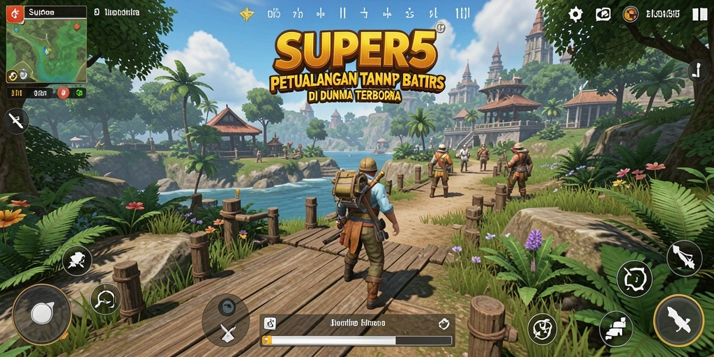 Tampilan gameplay SUPER5 yang luas dan penuh petualangan.